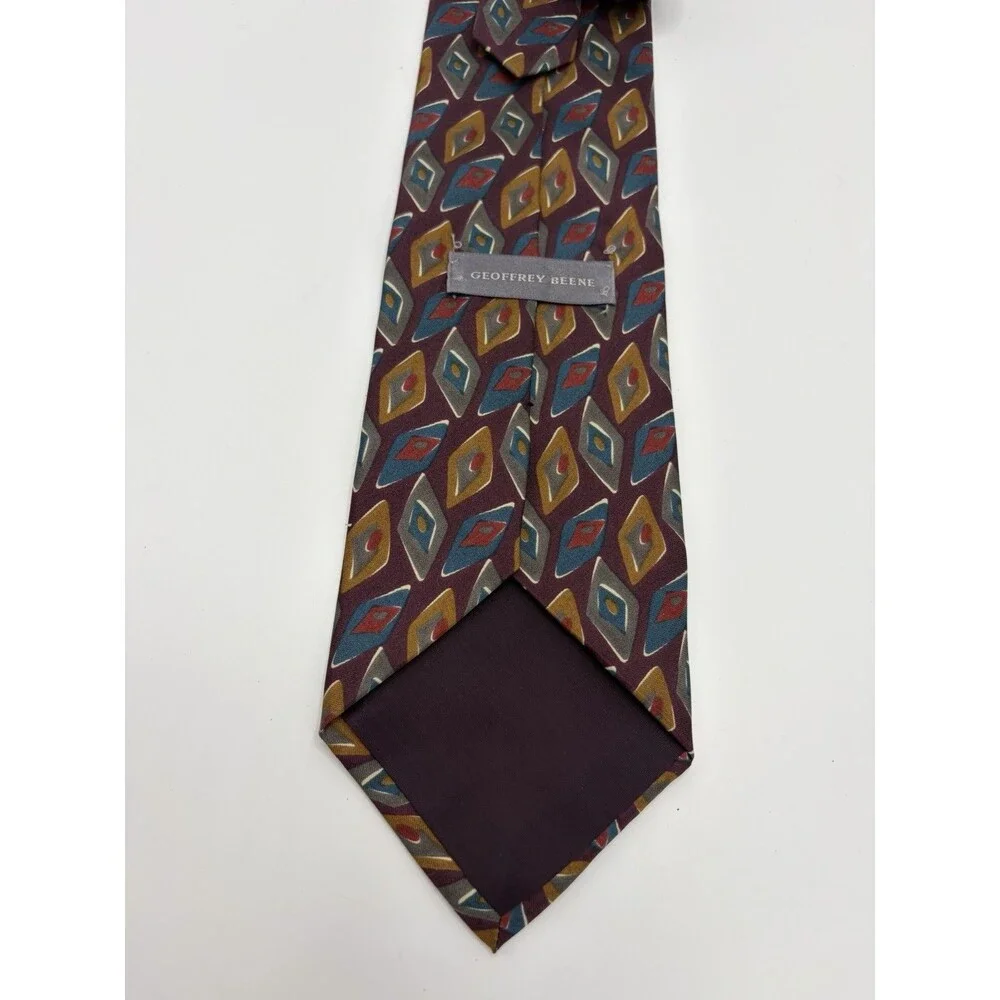 Vtg Geoffrey‎ Beene Tie Abstract Diamonds Geometric Multicolor Silk USA Made 56”